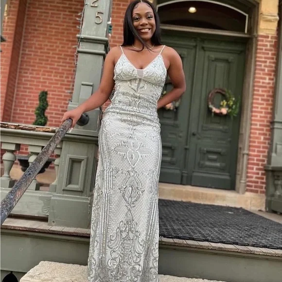 silver prom dress fast shipping White with silver details prom dress